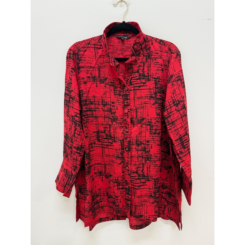 John Mark Button Down Tunic Large Red Black Abstract Mock Neck Blouse